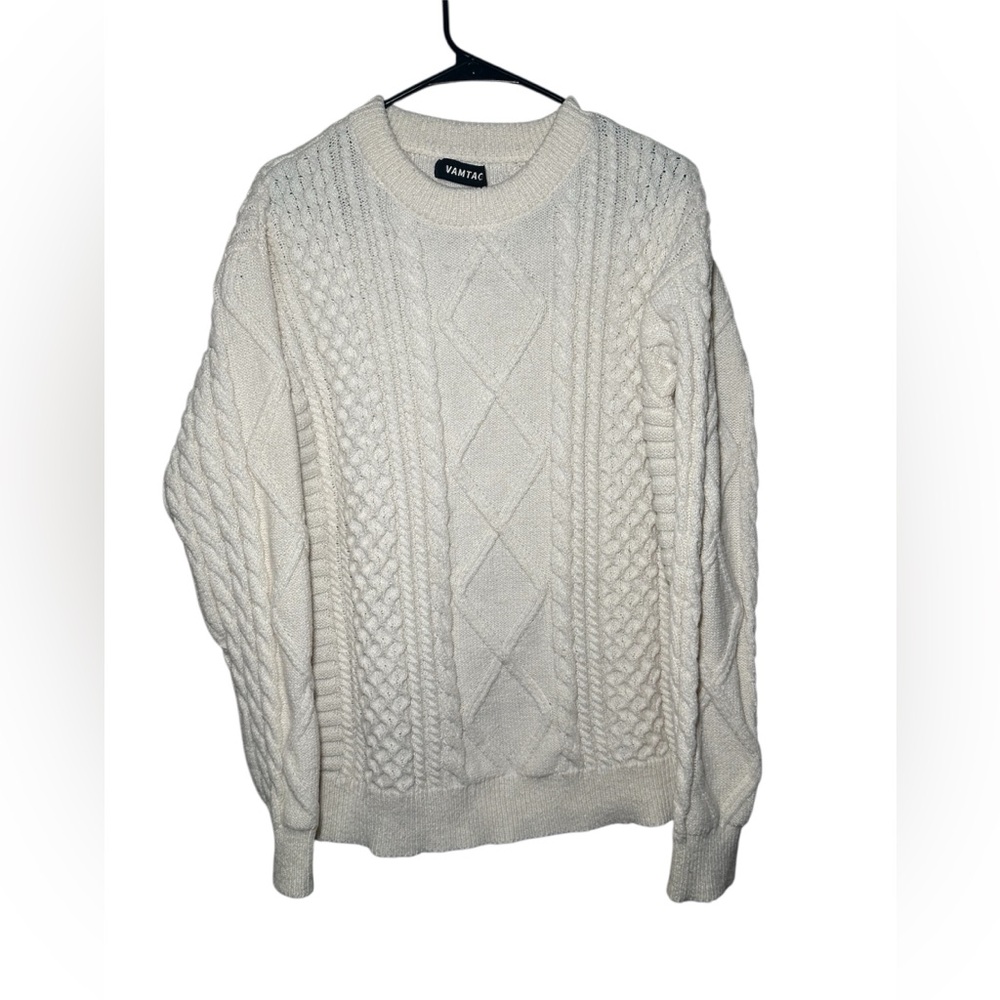 VAMTAC Men's Cream Cable Knit Crewneck Sweater